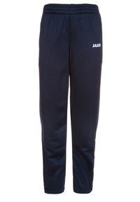 Marineblaue Sweatpants aus weichem Stoff, mit einem elastischen Bund und einem weißen "JAKO"-Logo auf der oberen linken Seite.