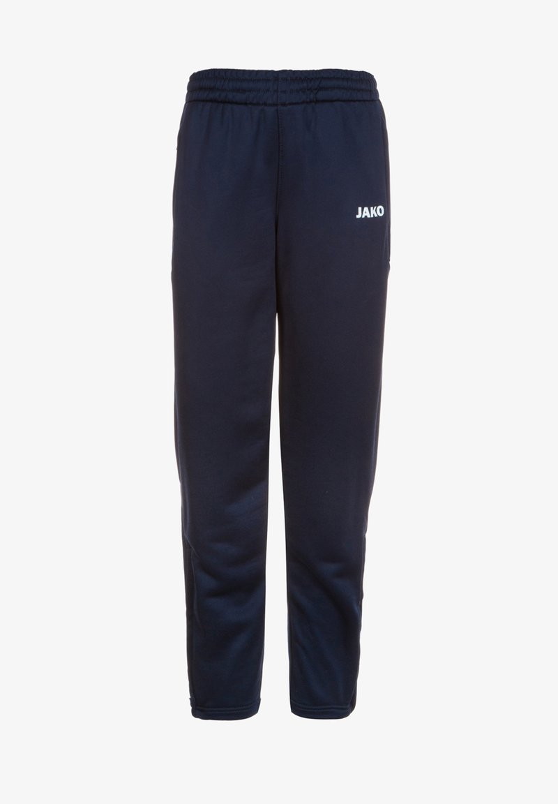 Marineblauwe joggingsbroek van zachte stof, met een elastische tailleband en een wit "JAKO" logo op de bovenste linkerzijde.
