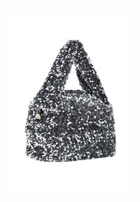 Borsa con superficie texturizzata ricoperta di paillettes argentate, con una base grigia morbida. Progettata con due manici e una forma arrotondata.