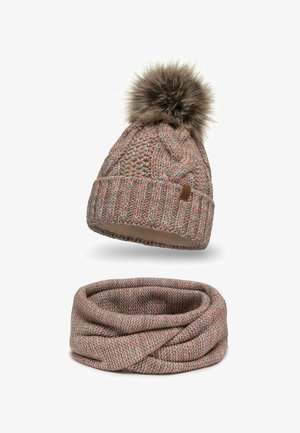 Knit hat with a faux fur pom-pom in beige with multicolored flecks; matching textured infinity scarf in a similar color and pattern.