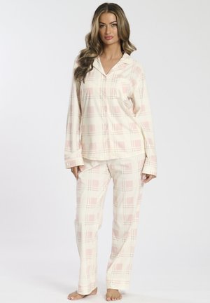Plaid pajama set in soft fabric, featuring a light cream background with pink squares and check patterns, button-down top and long pants.