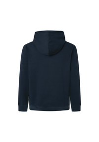 Felpa navy con cappuccio regolabile, maniche lunghe e polsini a coste. Texture liscia senza motivi, progettata per l'abbigliamento casual.