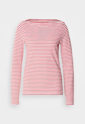 Tričko s dlhými rukávmi s horizontálnymi červenými a bielymi pruhmi, vyrobené z mäkkej bavlny, s okrúhlym výstrihom a priliehavým strihom.