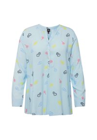 Camicia azzurra chiara con maniche lunghe, apertura con bottoni, caratterizzata da motivi colorati di caramelle e gelati su tutto il capo, realizzata in tessuto morbido.