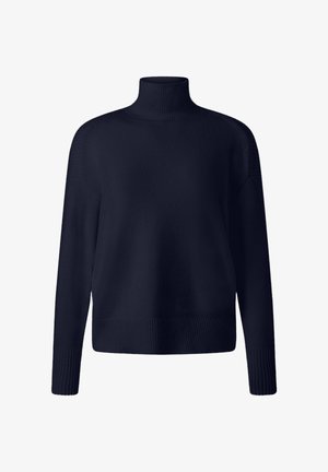 Marineblauer Rollkragenpullover aus strukturiertem Strickmaterial, mit langen Ärmeln, lockerem Schnitt und gerippten Bündchen an Ärmeln und Saum.
