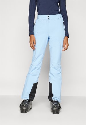 Light blue ski pants with black accents at the cuffs, featuring a smooth texture, zippered pockets, and a two-button closure at the waist.