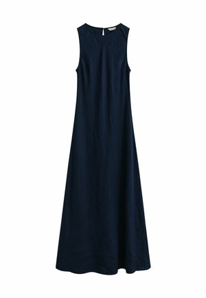 Ärmelloses marineblaues Maxikleid mit rundem Ausschnitt und Schlüsselloch-Knopfverschluss am Rücken, gefertigt aus strukturiertem Stoff.