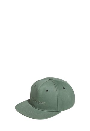 Cappellino snapback verde Adidas Golf con sei pannelli e fori di ventilazione, visiera piatta e logo ricamato sul davanti.