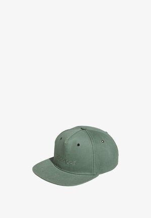 Groene Adidas Golf snapback pet met zes panelen en ventilatiegaten, een platte klep en geborduurd logo aan de voorkant.