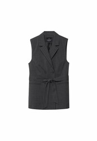 Gilet senza maniche grigio a righe con un design su misura, chiusura a doppio bottone e una cintura in vita per un aspetto affusolato. Presenta tasche laterali.