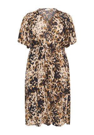Sukienka w panterkę z dekoltem w kształcie litery V, krótkimi rękawami i elastycznym paskiem w talii, w odcieniach brązu, beżu i czerni. Miękki, lekki materiał.