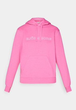 Roze hoodie gemaakt van een katoenmix, met een voorzak en het "BJÖRN BORG" logo in het wit. Gladde textuur, casual ontwerp.