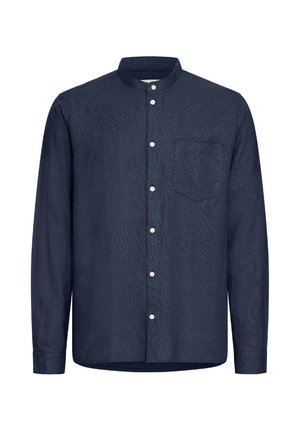 Sötétkék, hosszú ujjú ing, texturált anyagból készült, álló gallérral, elülső gombos záródással és egyetlen mellzsebbel.