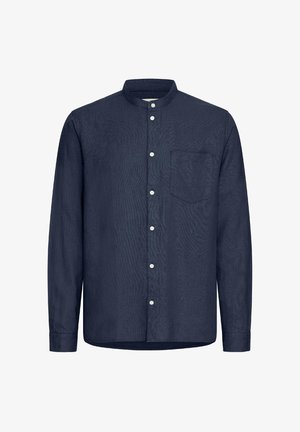 Sötétkék, hosszú ujjú ing, texturált anyagból készült, álló gallérral, elülső gombos záródással és egyetlen mellzsebbel.