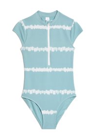 Maillot de bain une pièce aquamarine avec manches courtes, présentant un motif tie-dye blanc et une fermeture éclair à l'avant. Fabriqué en tissu texturé.