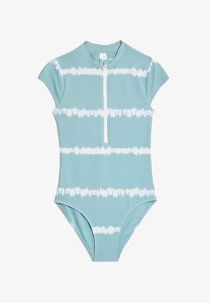 Aquamarine one-piece swimsuit with short sleeves, featuring a white tie-dye pattern and a front zip closure. Made of textured fabric.