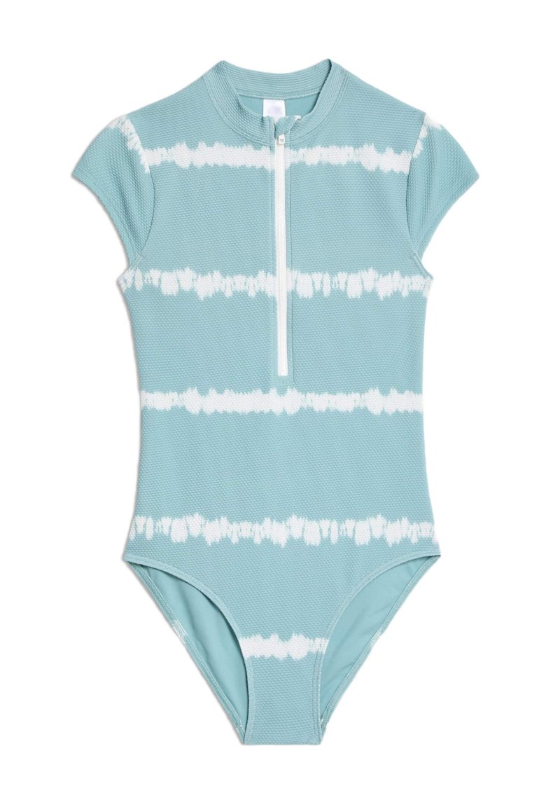 Maillot de bain une pièce aquamarine avec manches courtes, présentant un motif tie-dye blanc et une fermeture éclair à l'avant. Fabriqué en tissu texturé.
