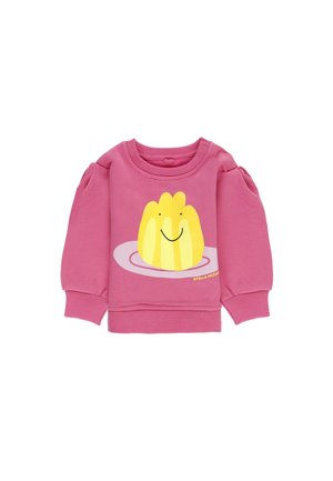 Felpa rosa con maniche a sbuffo, con un design di un personaggio di gelatina gialla su un piatto tondo. Realizzata in morbido cotone.