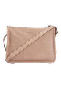 Borsa a tracolla in ecopelle scamosciata beige con forma rettangolare piatta, dotata di chiusura a zip e di una tracolla sottile e regolabile. Texture liscia e design minimal.