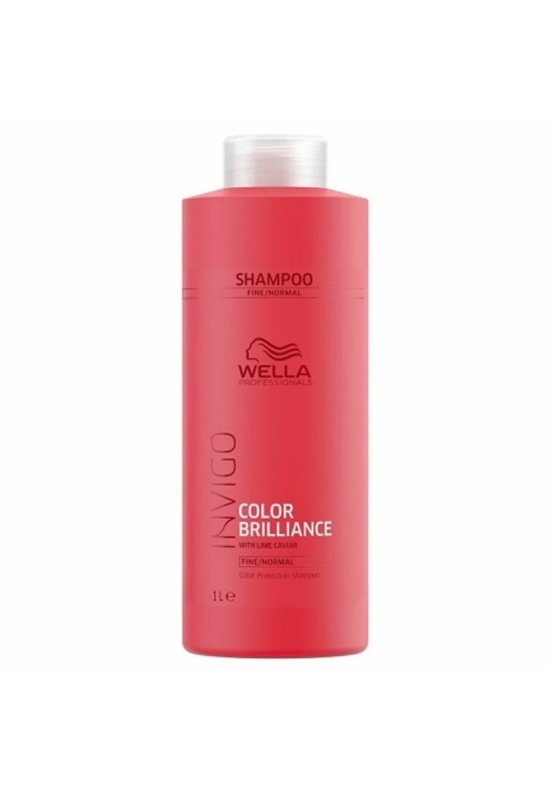 Wella Invigo Color Brilliance shampoofles van roze plastic, 1 liter, met zwarte tekst die "fijn/normal" en "kleurbehoud" vermeldt.