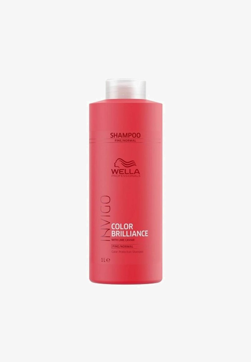Wella Invigo Color Brilliance shampoofles van roze plastic, 1 liter, met zwarte tekst die "fijn/normal" en "kleurbehoud" vermeldt.