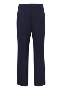 Marineblauwe op maat gemaakte broek met een recht pijpdesign, voorzien van een platte voorkant, riemenlussen en twee achterzakken. Gladde textuur.