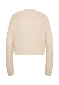 Pulover bej scurt, cu mâneci lungi, mansete cu nervuri și un model de tricotaj texturat. Prezintă un design simplu la gât.