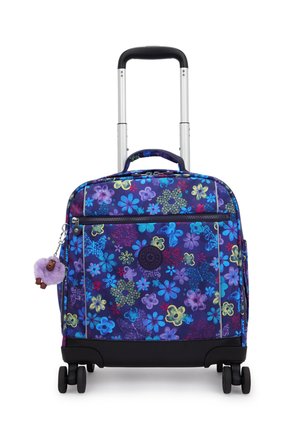 Rollkoffer mit blauem, lila und gelbem Blumenmuster, Teleskopgriff, Frontreißverschlusstasche und einem kleinen lila Plüsch-Schlüsselanhänger.