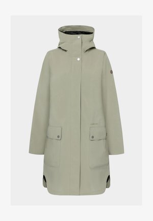 Ljusgrön vattentät parka med dragsko i huooden, knappstängning framtill, två stora påsryggspocket och sidoventiler för rörlighet.