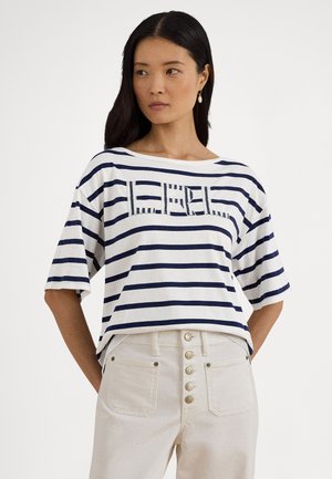 STRIPED BEADED LOGO COTTON JERSEY TEE - T-shirts med print - white/refined navy