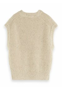 Pull en maille beige avec une texture côtelée, design sans manches et un col rond. Présente de subtils flocons tout au long du tissu.