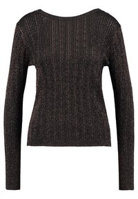 Svart ribbad tröja med långa ärmar, med en metallisk glans och en bred rund halsringning. Tygets struktur är mjuk och något elastisk.