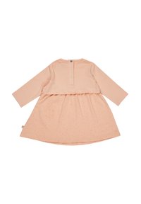 Pfirsichfarbiges Kleid mit langen Ärmeln; der obere Teil besteht aus einem einfarbigen Stoff, während der Rock eine gepunktete Textur aufweist; Knopfverschluss am Rücken.