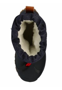 Buty z górą z granatowego dżinsu, elastycznym mankietem i ociepleniem z polaru. Posiadają czarną gumową podeszwę oraz czerwoną linkę do zabezpieczenia.