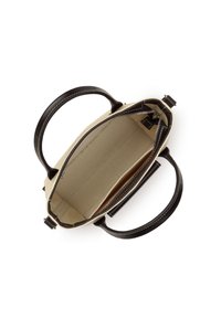 Borsa in tela con dettagli in pelle nera, vista aperta che mostra un interno beige, tasche organizzative e manici doppi robusti.