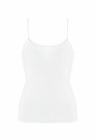 White, sleeveless tank top with thin straps. Made of soft fabric, featuring a smooth texture and fitted design. No patterns or accents.
