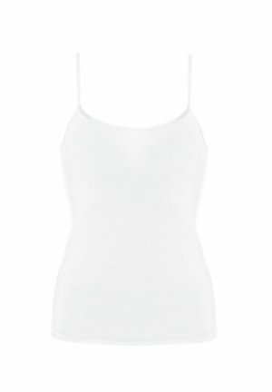 White, sleeveless tank top with thin straps. Made of soft fabric, featuring a smooth texture and fitted design. No patterns or accents.
