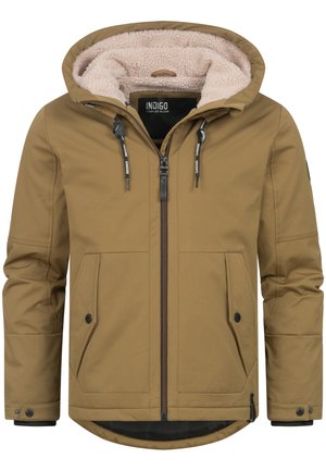 Brown, insulated jacket featuring a hood, faux fur lining, two front pockets, and an orange zipper accent. Smooth outer material.
