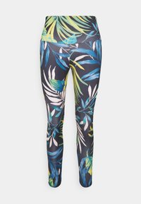 Leggings med en mörk bakgrund och tryck av tropiska löv i blått, grönt och vitt, tillverkade av ett elastiskt och slätt material.