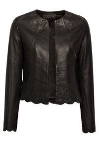 Chaqueta de cuero negra con cuello redondo, mangas largas y un intrincado detalle de encaje festoneado en el dobladillo. Textura suave y diseño ajustado.
