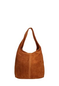 Braune Wildleder-Hobo-Tasche mit weicher Textur, elongated Form und einem langen Tragegurt. Verfügt über eine zentrale Naht für Details.