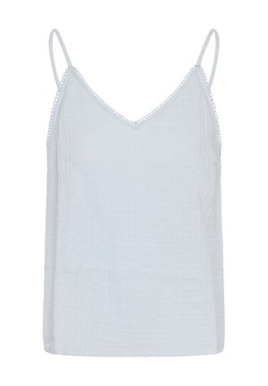 Camiseta sin mangas blanca con tirantes finos y tejido sutilmente texturizado, con un borde ondulado a lo largo del escote y los tirantes.