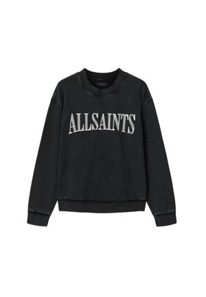 Zwarte sweatshirt met lange mouwen en geribbelde manchetten en zoom, met de tekst "ALLSAINTS" in het wit over de borst.