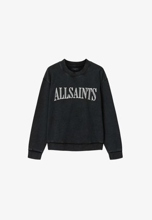 Sort langærmet sweatshirt med ribbet manchetter og kant, med teksten "ALLSAINTS" i hvidt hen over brystet.