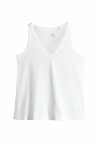 Valge v-kaelusega tank top, mis on valmistatud pehmest ja kergest kangast; omab laiad õlavarreaugud ja lõdva istuvusega samuti sujuva tekstuuriga.