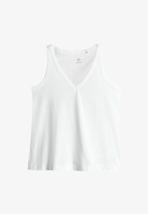 White v-neck tank top made of soft, lightweight fabric; features wide armholes and a relaxed fit with a smooth texture.