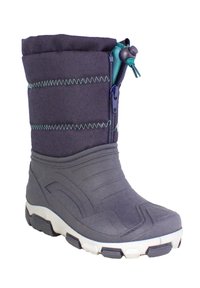 Donkergrijze waterdichte boot met een gestructureerde rubberen zool, stoffen bovenwerk en een verstelbare toggelsluiting, geaccentueerd met groene stiksel.