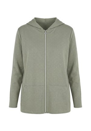 Hellgrüner Kapuzenpullover mit Reißverschluss, kleinen weißen Sprenkeln, langen Ärmeln, Fronttaschen und angenähter Kapuze.