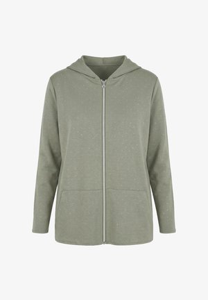 Sweat à capuche zippé vert clair avec de petites taches blanches, manches longues, poches avant et capuche attachée.