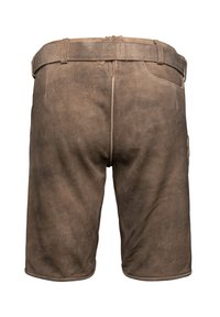 Brune lædershorts med en glat overflade, der har en bred talje, baglommer og diskrete stikninger langs kanterne.